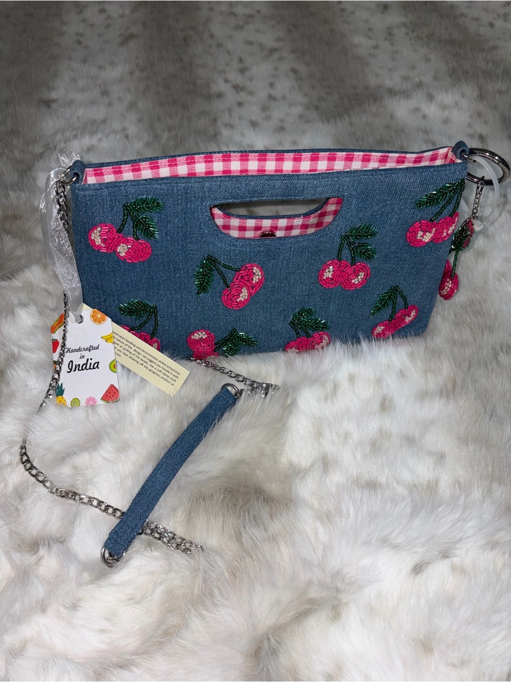 Embroidered Cherry Denim Clutch - Pink Cherry Design